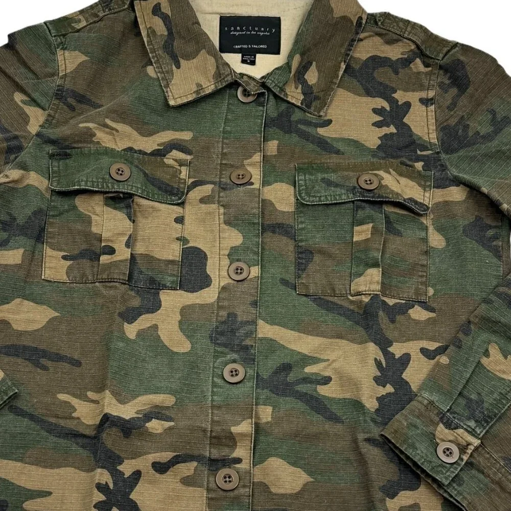 Sanctuary Camo 100% Cotton Rip Stop Utility Jacket Women's Size Small